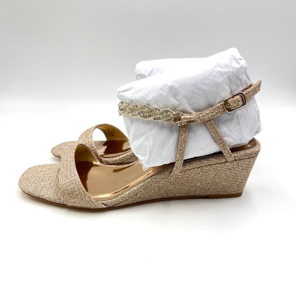 Badgley Mischka Size 6.5 Kaelyn Pale Gold‎ Jeweled Wedges Dress Sandals Shoes - Picture 6 of 12